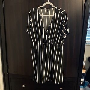 SHEIN Black and White V-Neck Striped Mini Dress